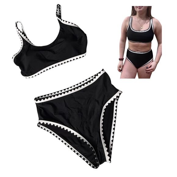 NEW Herseas SWIMSUIT Womens SM Bikini Black White Whip Stitch 2 Piece High Waist - Picture 11 of 11
